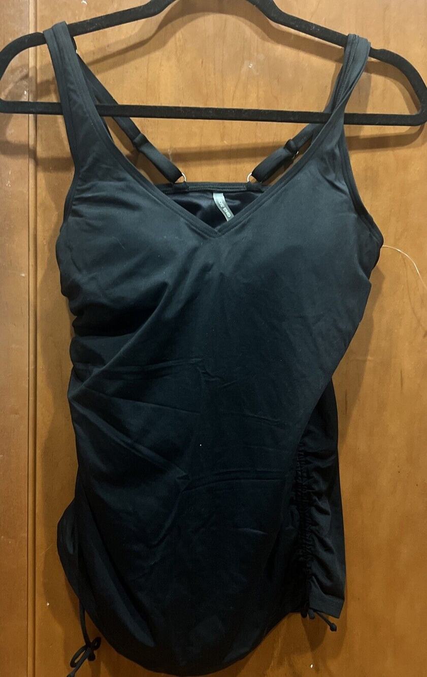 Lands’ End Tankini Top V-Neck Ruched Sides Slimming Black Women’s 6 New
